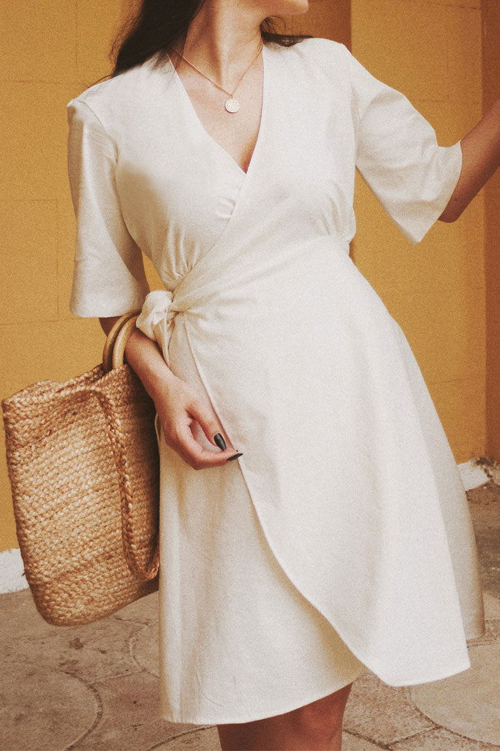 knee length dresses for ladies Ruffle Hem Faux Wrap Mini Dress Sewing Pattern main image 1